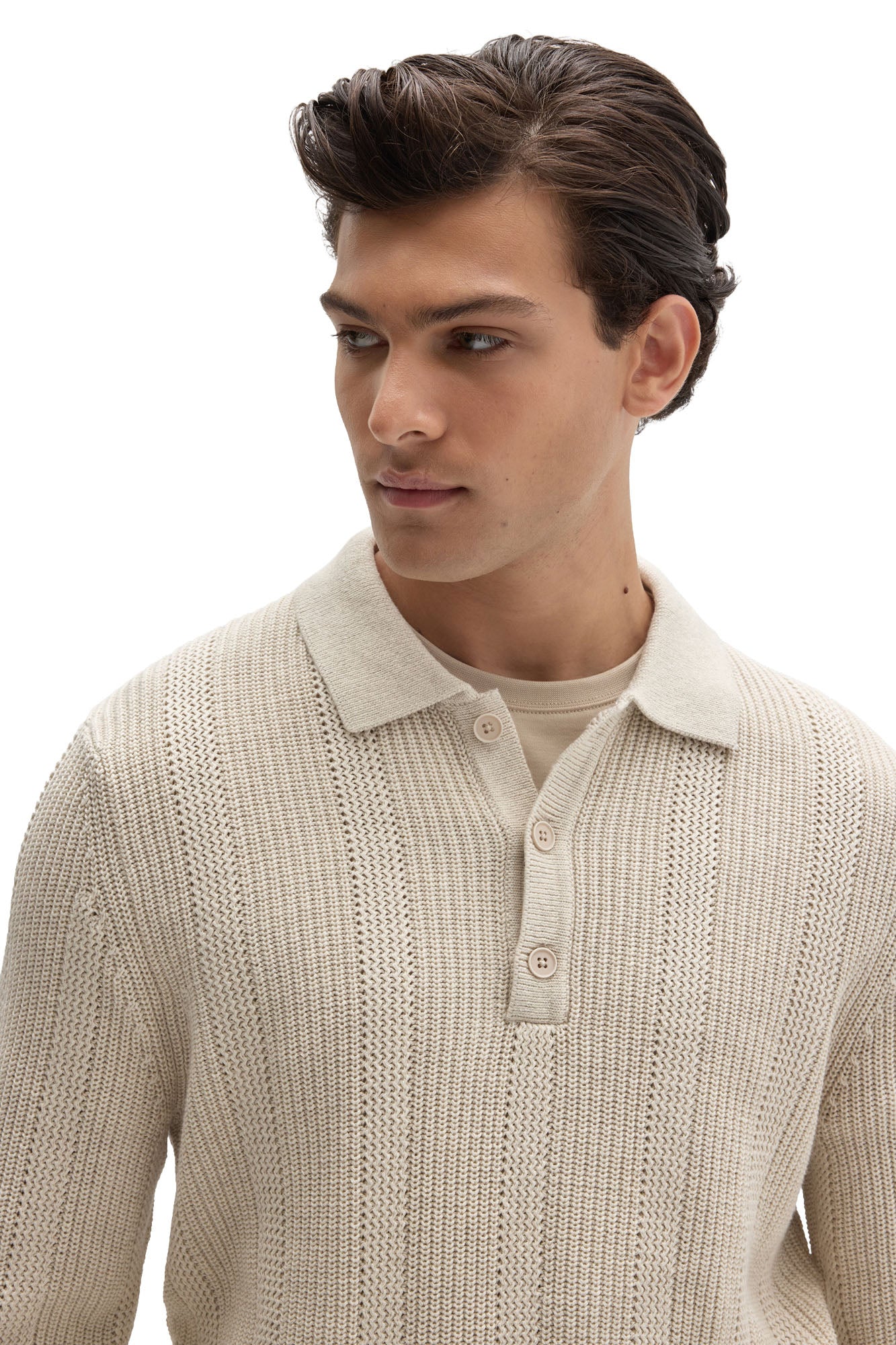 Robert Barakett men's cream textured knit long-sleeve polo with fold-over collar and tonal button placket, close-up
