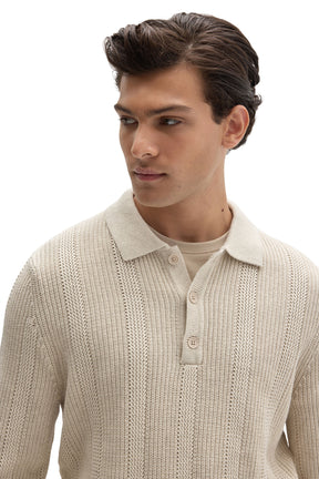 Robert Barakett men's cream textured knit long-sleeve polo with fold-over collar and tonal button placket, close-up