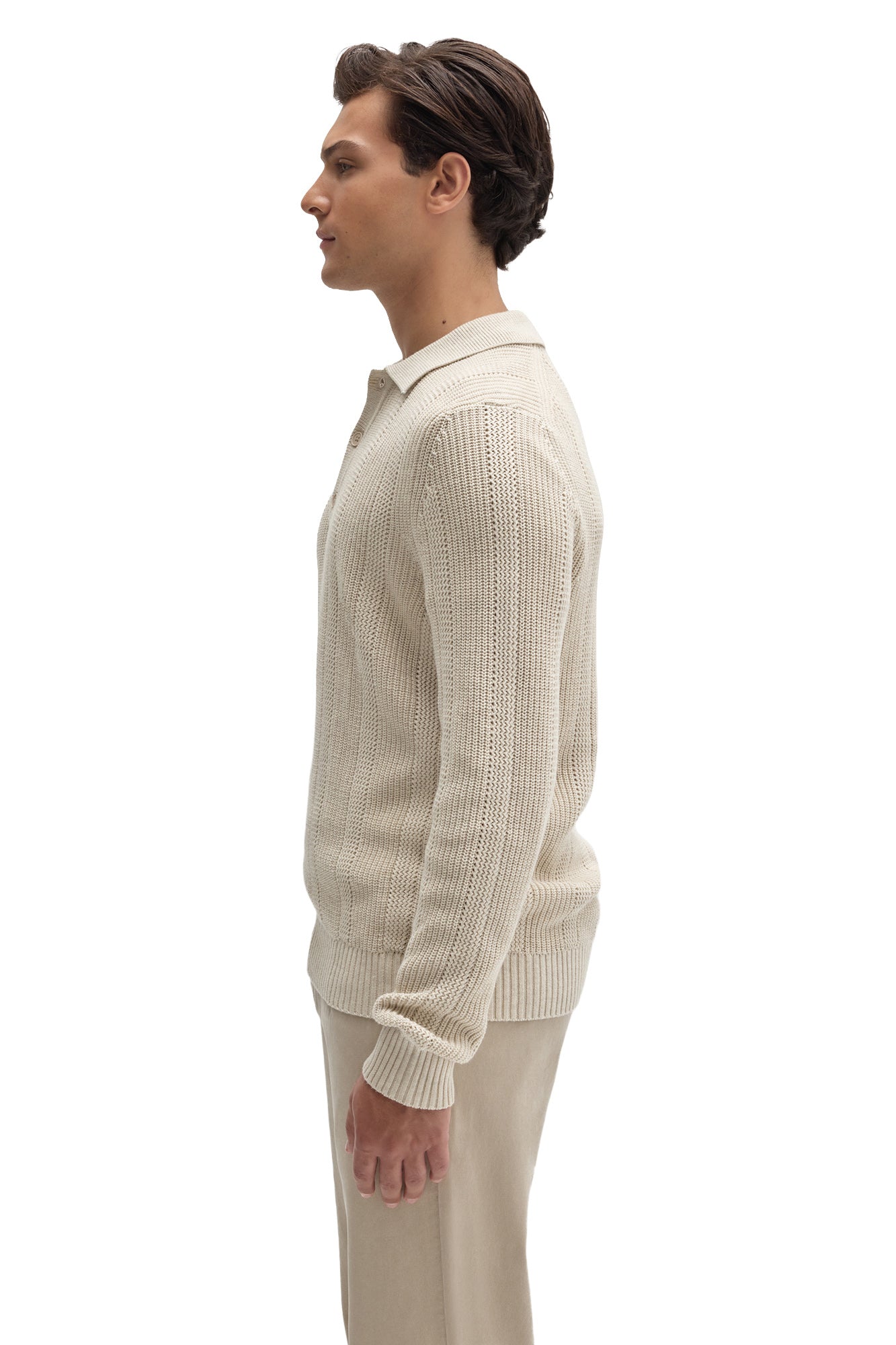 Robert Barakett men's cream long sleeve textured knit polo with ribbed cuff and hem shown from the side