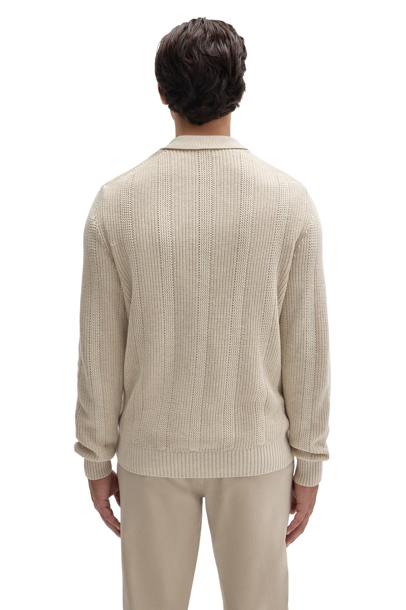 Robert Barakett men's cream long sleeve textured knit polo with ribbed collar, cuffs, and hem, back view