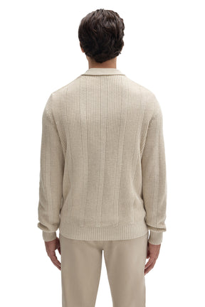 Robert Barakett men's cream long sleeve textured knit polo with ribbed collar, cuffs, and hem, back view