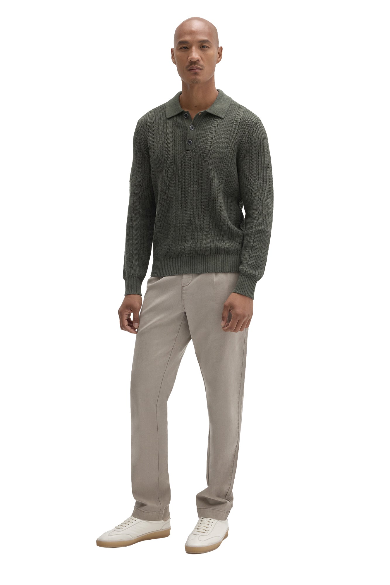 Robert Barakett men's full-body front view of olive green long sleeve knit polo with ribbed hem and three-button placket