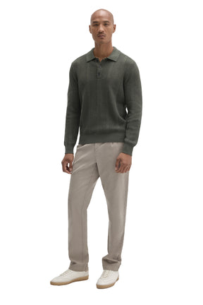 Robert Barakett men's full-body front view of olive green long sleeve knit polo with ribbed hem and three-button placket