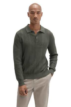 Robert Barakett men's olive green long sleeve knit polo with ribbed hem and three-button placket shown from the front