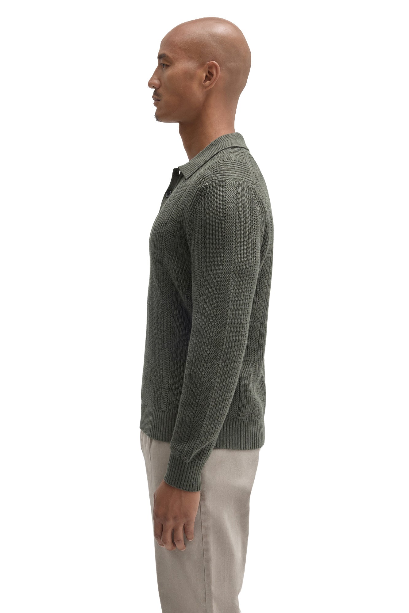 Robert Barakett men's olive green long sleeve knit polo showing ribbed cuff, hem, collar, and textured sleeve, side view