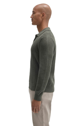 Robert Barakett men's olive green long sleeve knit polo showing ribbed cuff, hem, collar, and textured sleeve, side view