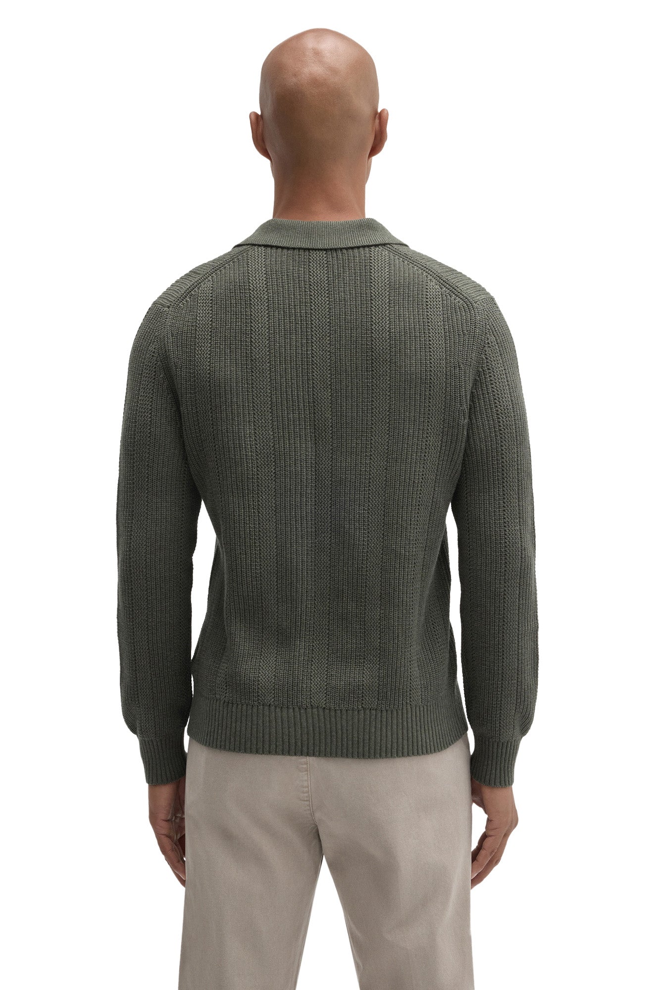 Robert Barakett men's olive green long sleeve knit polo with ribbed collar, cuffs, hem, and vertical texture, back view