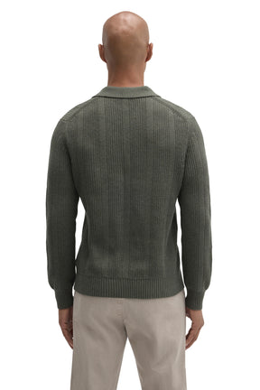 Robert Barakett men's olive green long sleeve knit polo with ribbed collar, cuffs, hem, and vertical texture, back view