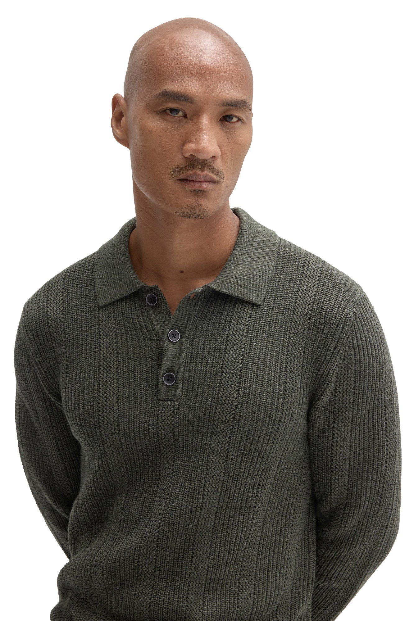 Men's close front view of olive green knit long-sleeve polo collar, three-button placket by Robert Barakett