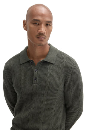 Men's close front view of olive green knit long-sleeve polo collar, three-button placket by Robert Barakett