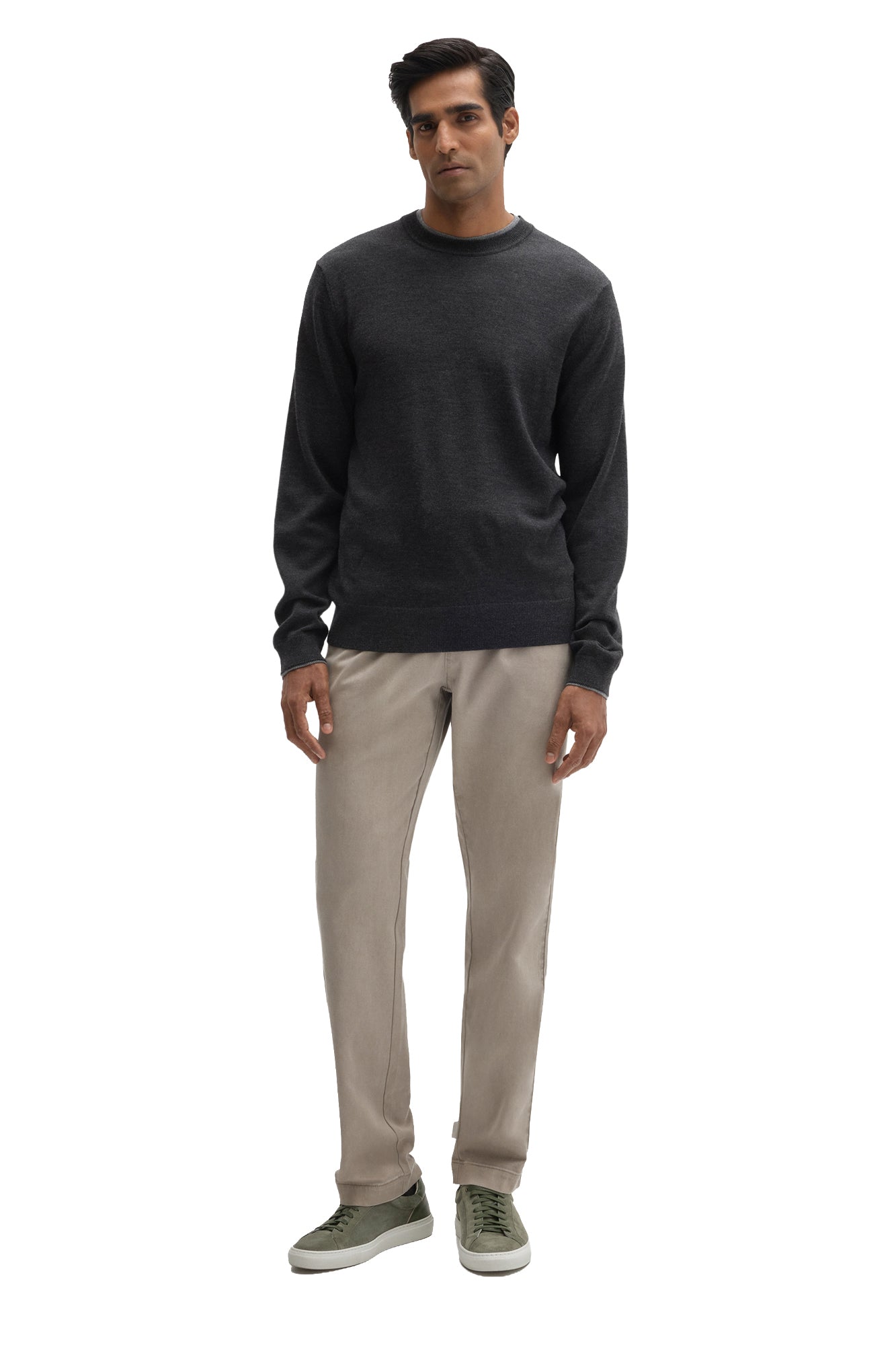 Men's full front view of a charcoal crewneck knit long-sleeve knit sweater with ribbed hem by Robert Barakett