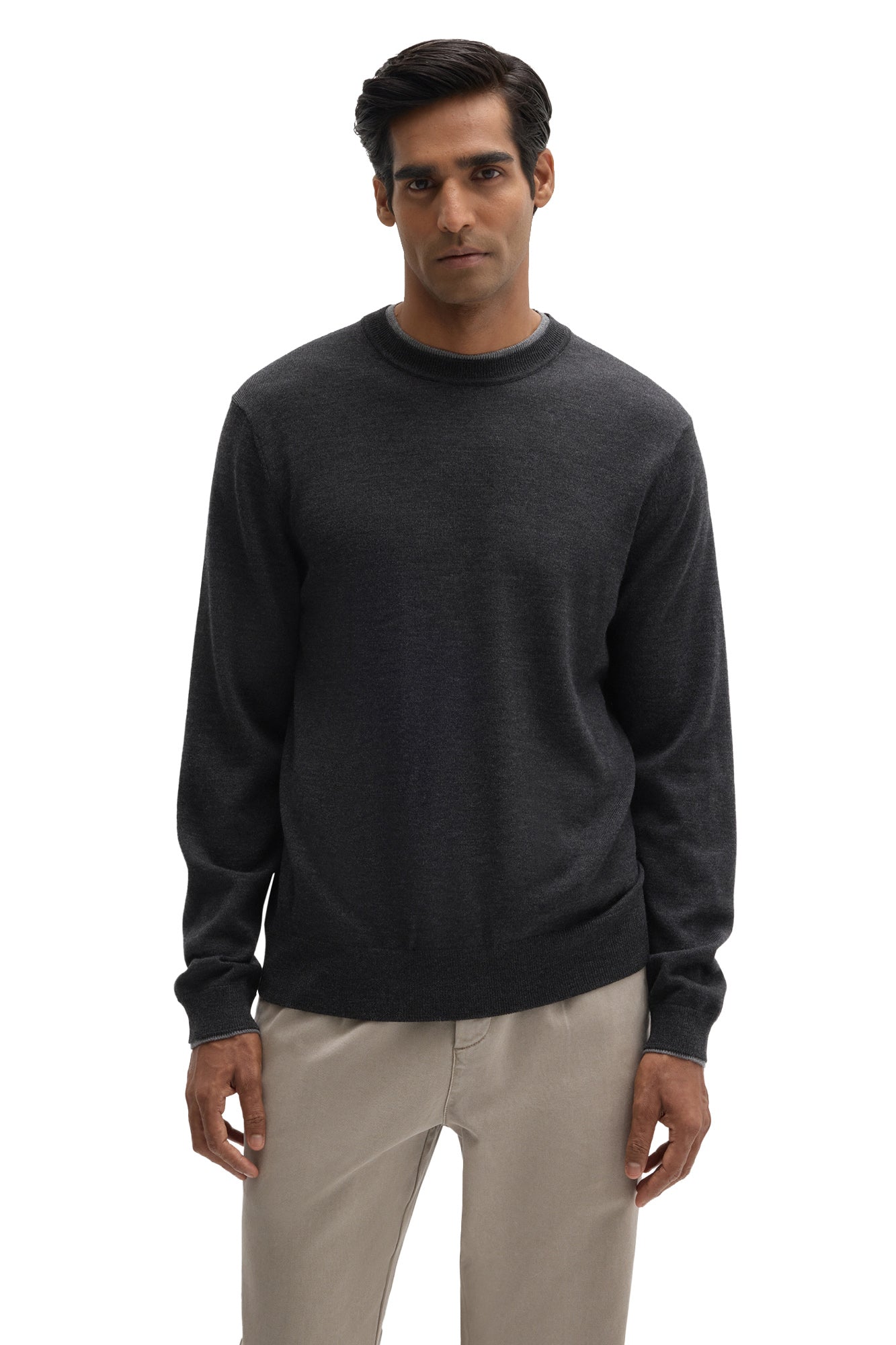 Front waist-up view of men's charcoal crewneck knit long-sleeve knit sweater with ribbed hem and cuffs by Robert Barakett