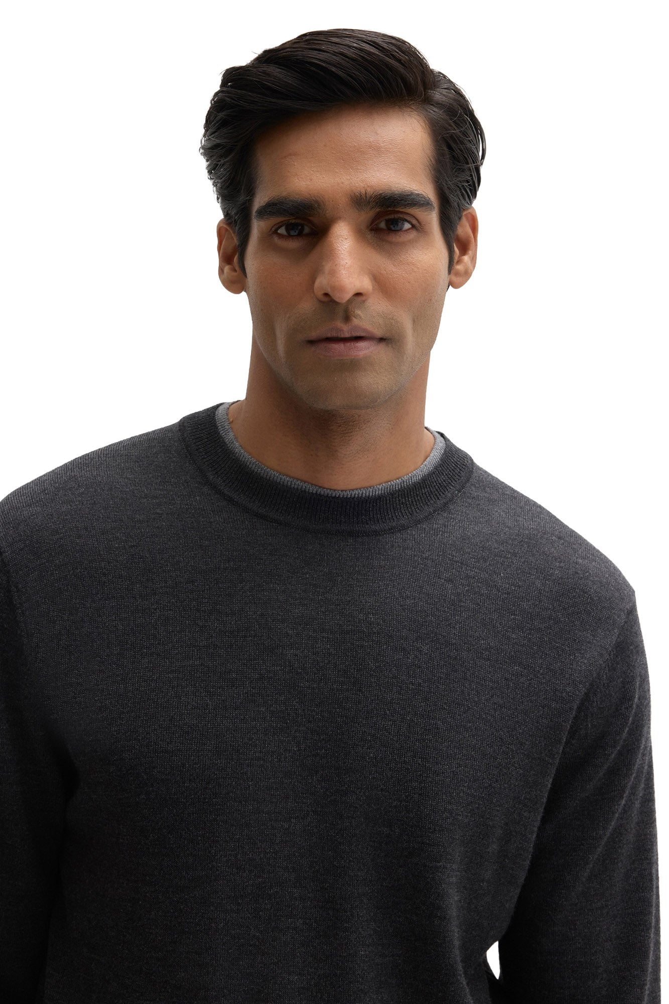 Robert Barakett men's charcoal crewneck knit long-sleeve knit sweater showing ribbed neck and fine texture, close view