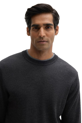 Robert Barakett men's charcoal crewneck knit long-sleeve knit sweater showing ribbed neck and fine texture, close view