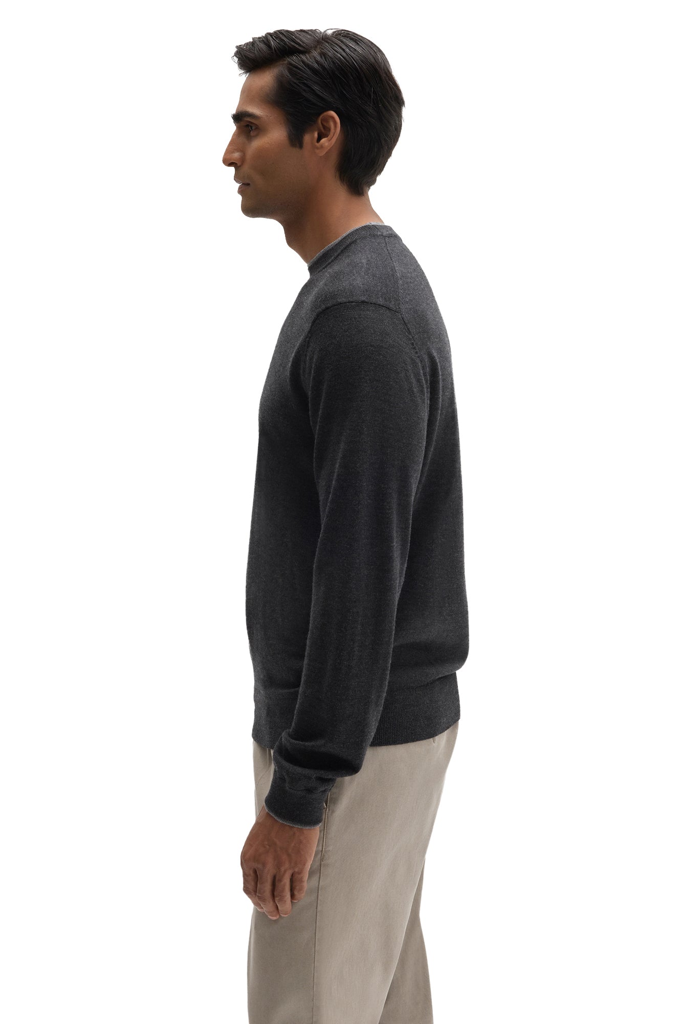 Robert Barakett men's charcoal long sleeve knit sweater showing the straight fit and ribbed hem, side view