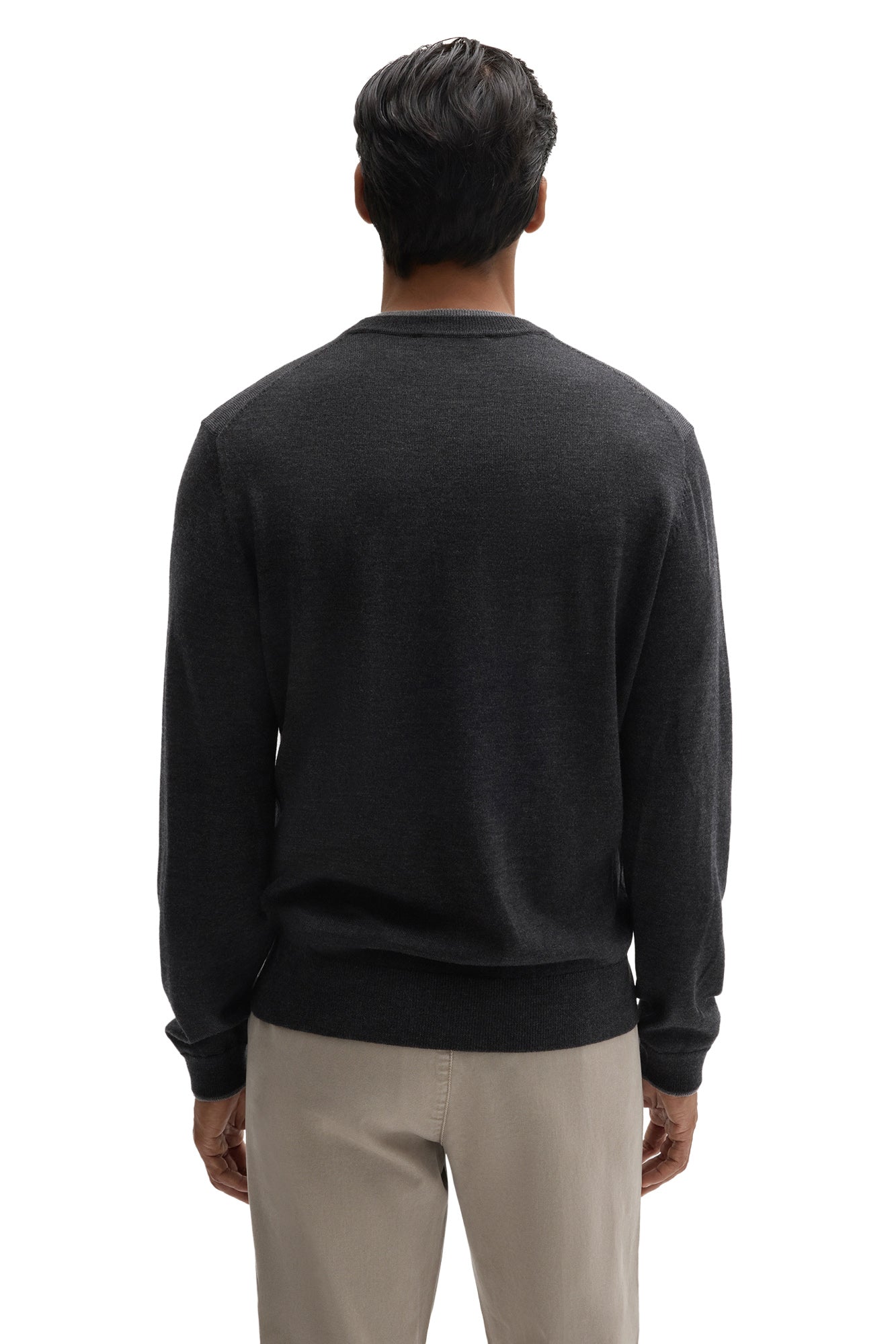 Robert Barakett men's charcoal crewneck knit long-sleeve knit sweater with ribbed collar, cuffs, and hem shown from the back