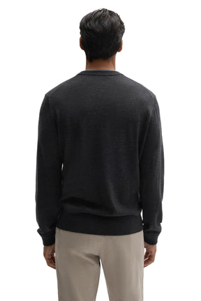 Robert Barakett men's charcoal crewneck knit long-sleeve knit sweater with ribbed collar, cuffs, and hem shown from the back