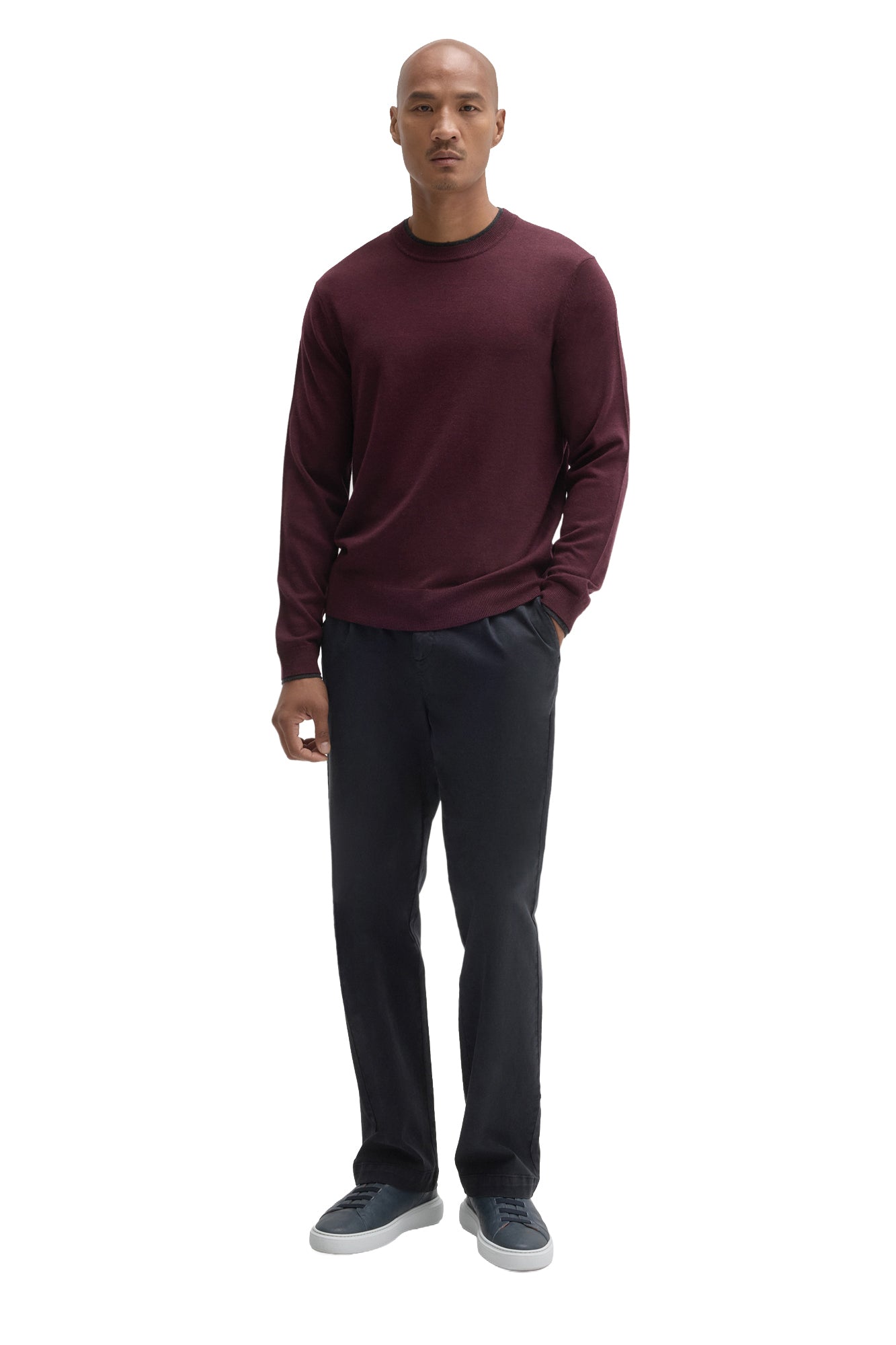 Robert Barakett men's full front outfit view featuring a burgundy crew neck long-sleeve sweater with ribbed hem and cuffs