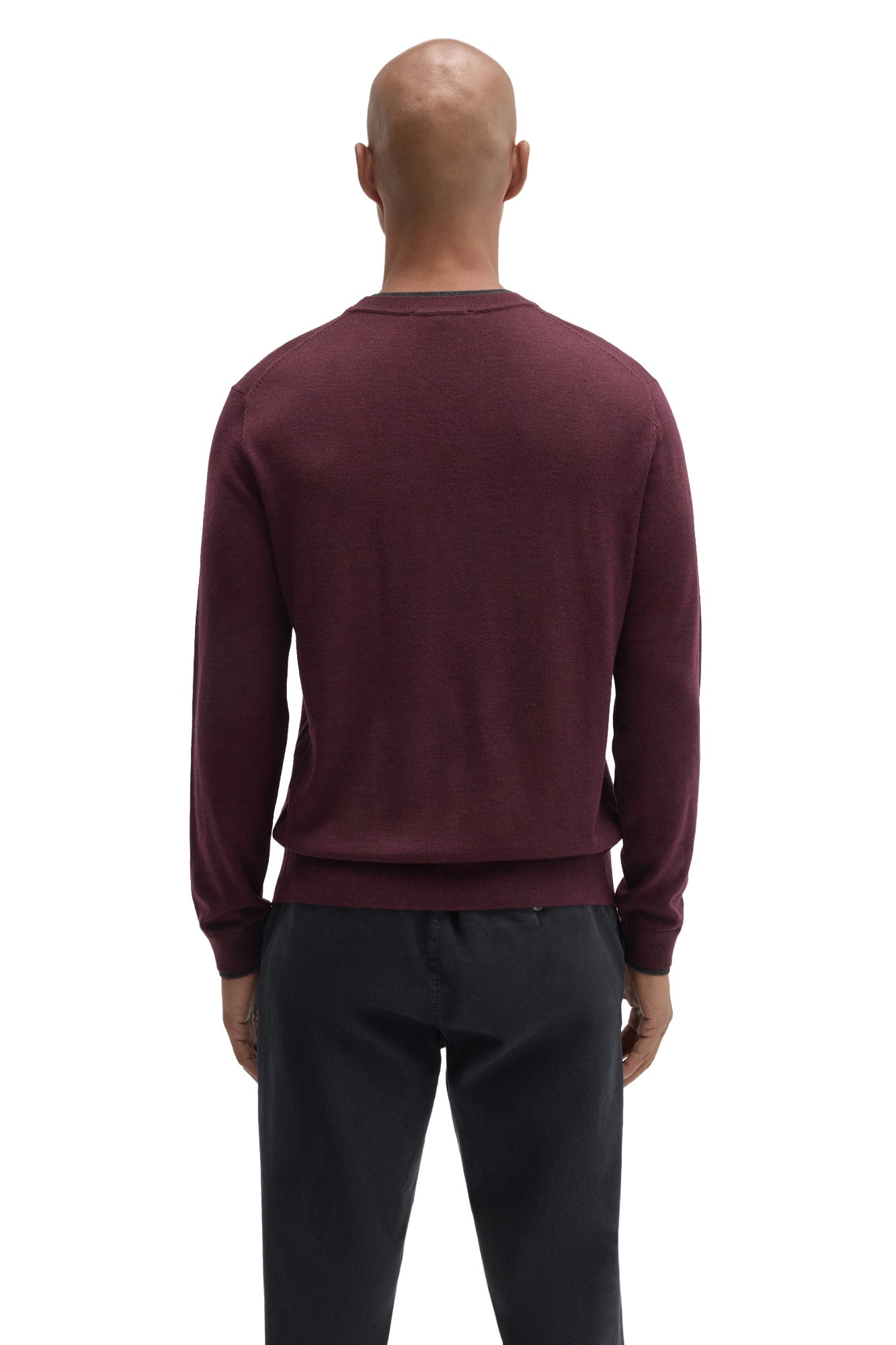 Robert Barakett men's burgundy crew neck long-sleeve sweater with ribbed hem and dark trim at collar and cuffs, back view