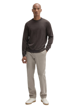 Men's full front view of dark brown crewneck knit long-sleeve knit sweater with ribbed hem and cuffs by Robert Barakett