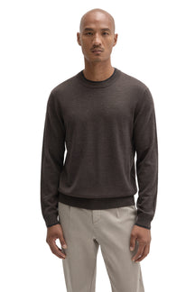 Front view of men's dark brown crewneck knit long-sleeve knit sweater with ribbed hem by Robert Barakett