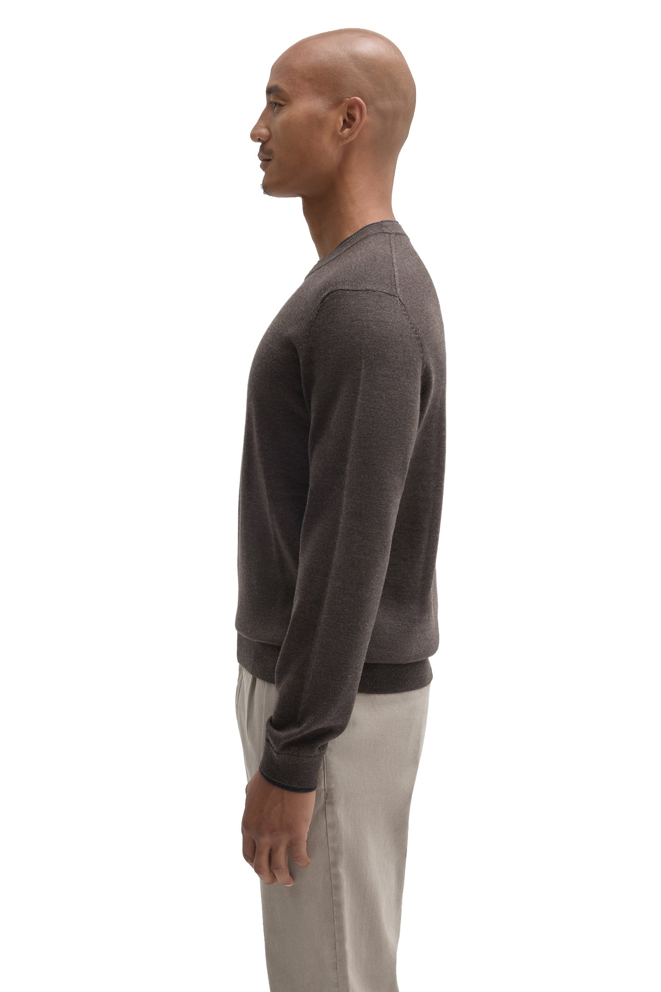 Robert Barakett men's dark brown crewneck knit long-sleeve knit sweater showing shoulder seam, side view