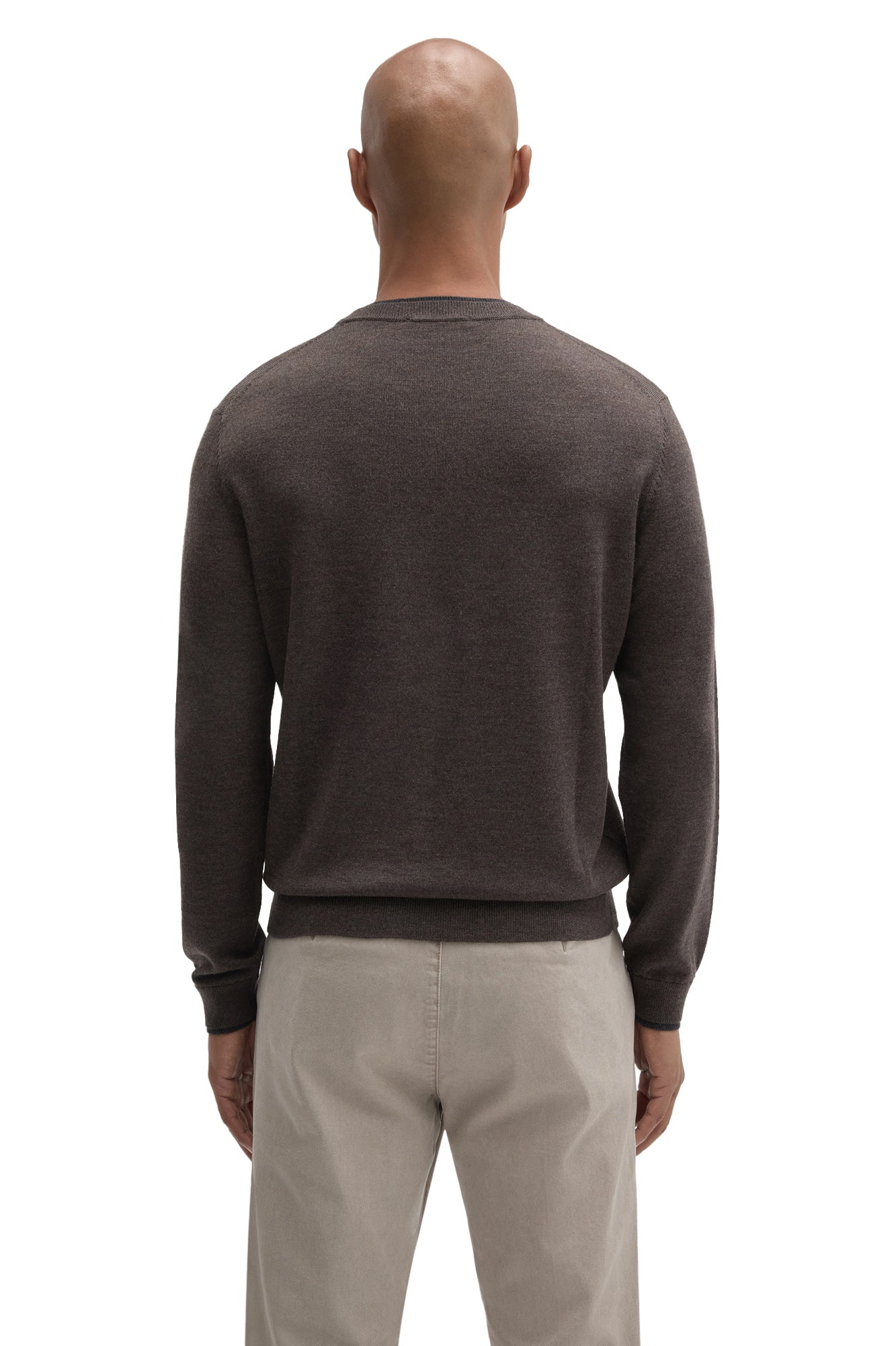 Robert Barakett men's dark brown crewneck knit long-sleeve knit sweater with ribbed collar, cuffs, and hem, back view