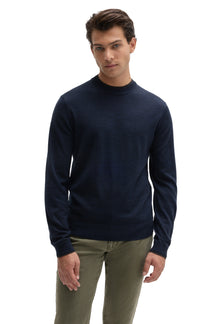 Robert Barakett men's navy fine-knit crewneck long-sleeve sweater with ribbed hem, front waist-up view