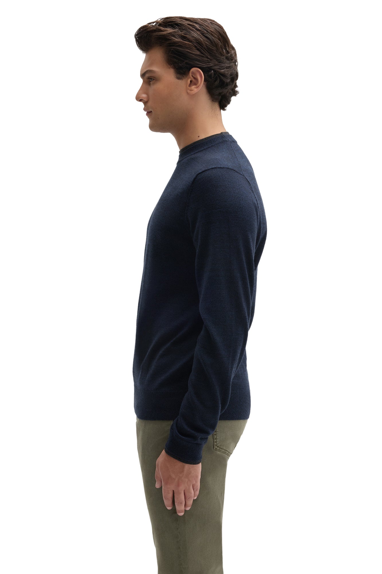 Robert Barakett men's navy long sleeve crewneck sweater showing the shoulder seam and ribbed hem, side view