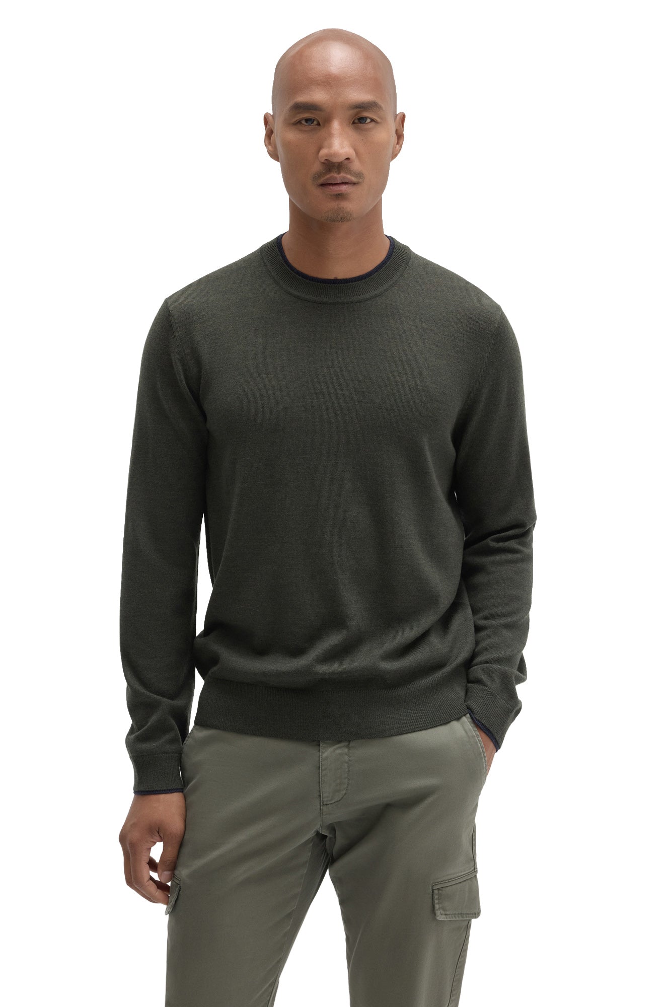 Robert Barakett men's dark olive crew neck long-sleeve sweater with, ribbed collar, cuffs, and hem, front view