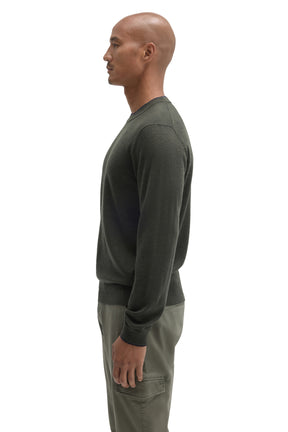 Robert Barakett men's dark olive crew neck long-sleeve sweater showing, shoulder seam, and ribbed hem, side view