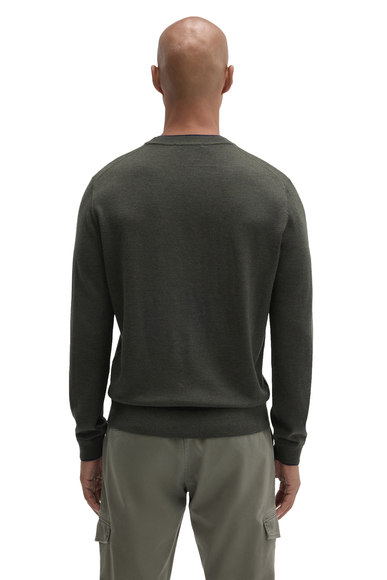 Robert Barakett men's dark olive crew neck long-sleeve sweater with ribbed hem and cuffs, back view