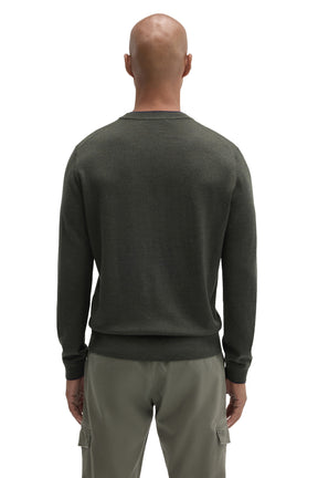 Robert Barakett men's dark olive crew neck long-sleeve sweater with ribbed hem and cuffs, back view