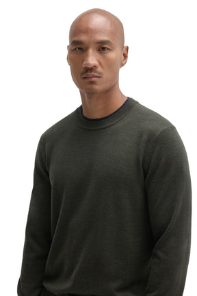 Men's close front view of a dark olive crew neck long-sleeve sweater showing fine knit texture by Robert Barakett