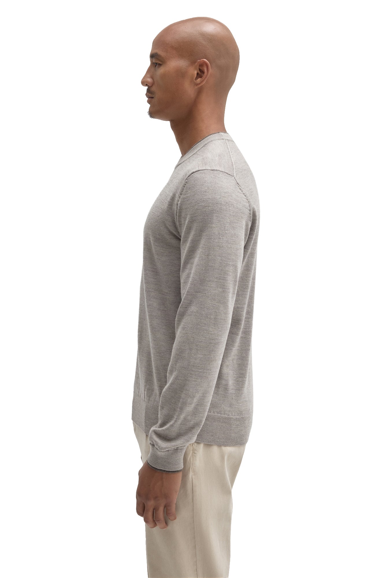 Robert Barakett men's light grey crew neck long-sleeve knit sweater with ribbed hem and cuffs shown from the side