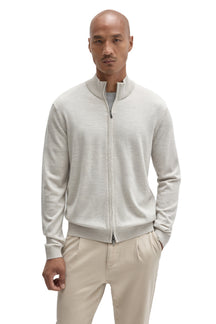 Robert Barakett men's light beige full-zip knit long-sleeve knit sweater with ribbed stand collar, cuffs and hem, front view