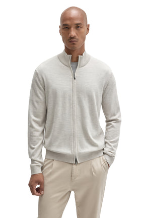 Robert Barakett men's light beige full-zip knit long-sleeve knit sweater with ribbed stand collar, cuffs and hem, front view