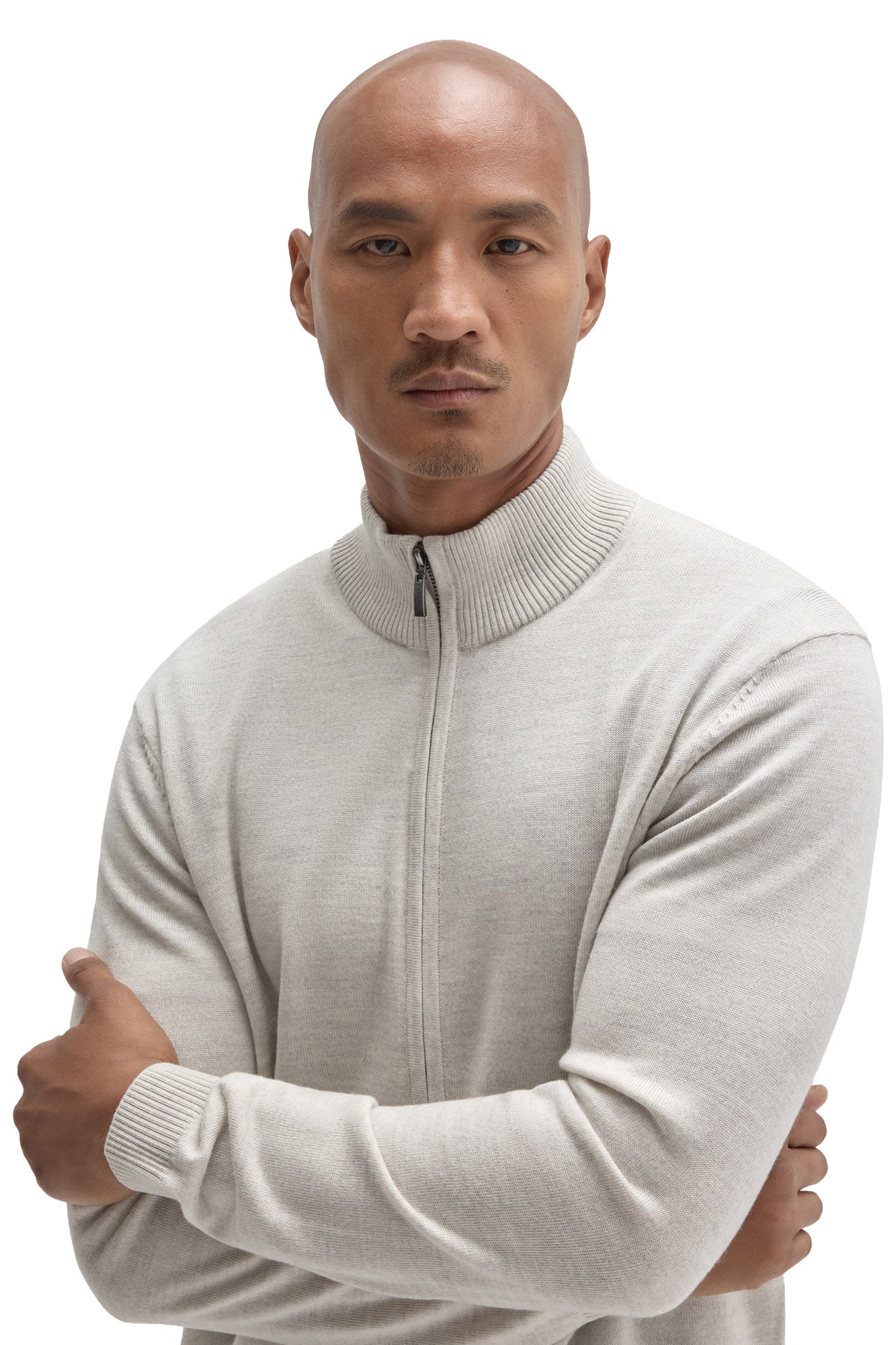 Robert Barakett men's close front view of a light beige full-zip knit long-sleeve knit sweater with ribbed stand collar