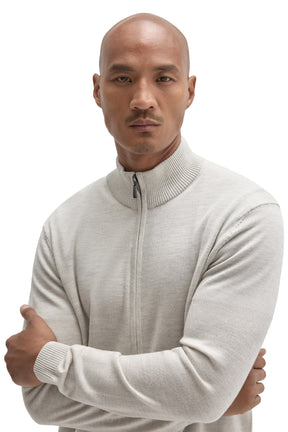 Robert Barakett men's close front view of a light beige full-zip knit long-sleeve knit sweater with ribbed stand collar