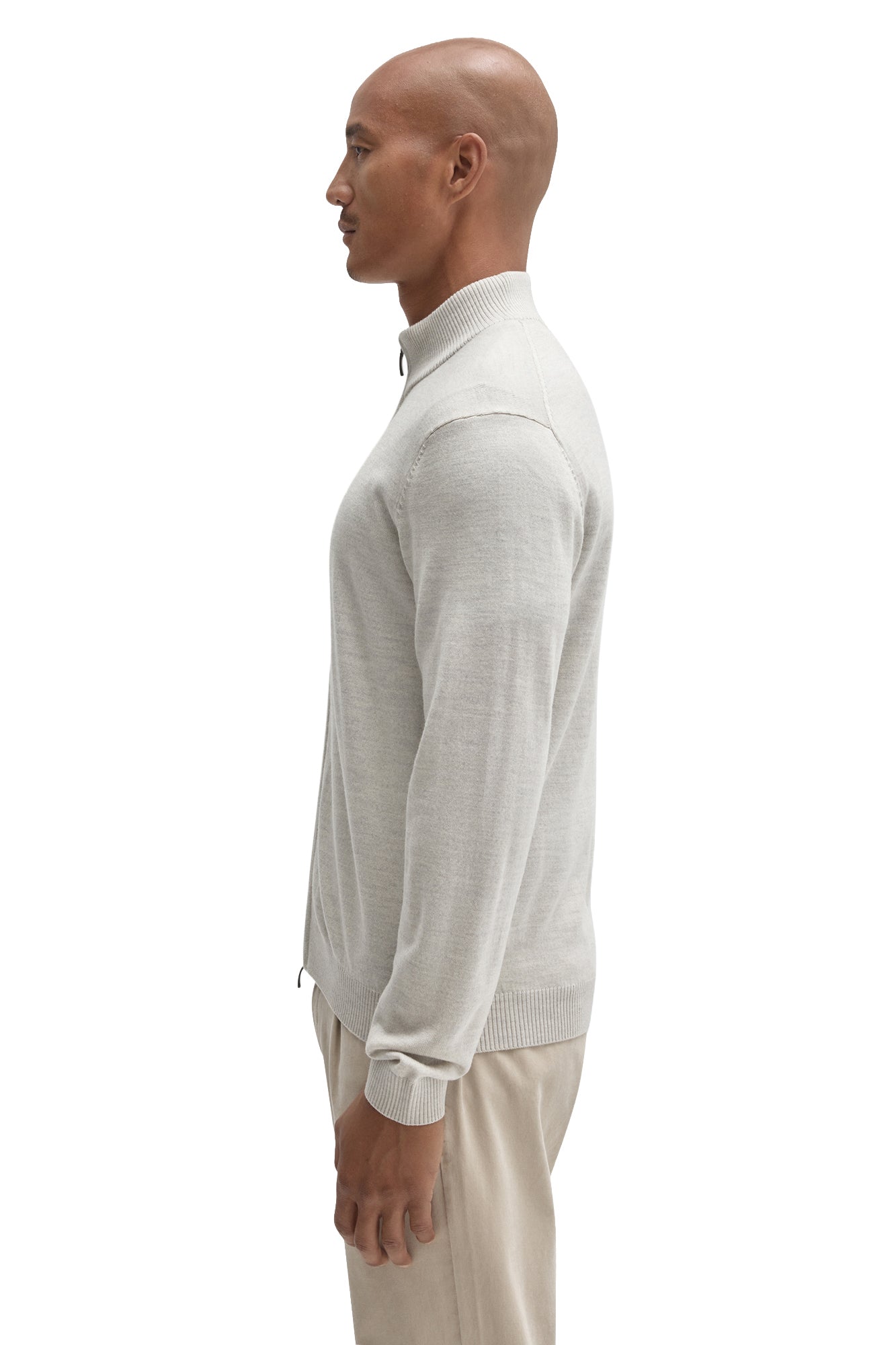 Robert Barakett men's light beige full-zip knit long-sleeve knit sweater with ribbed collar, sleeve and hem, side view