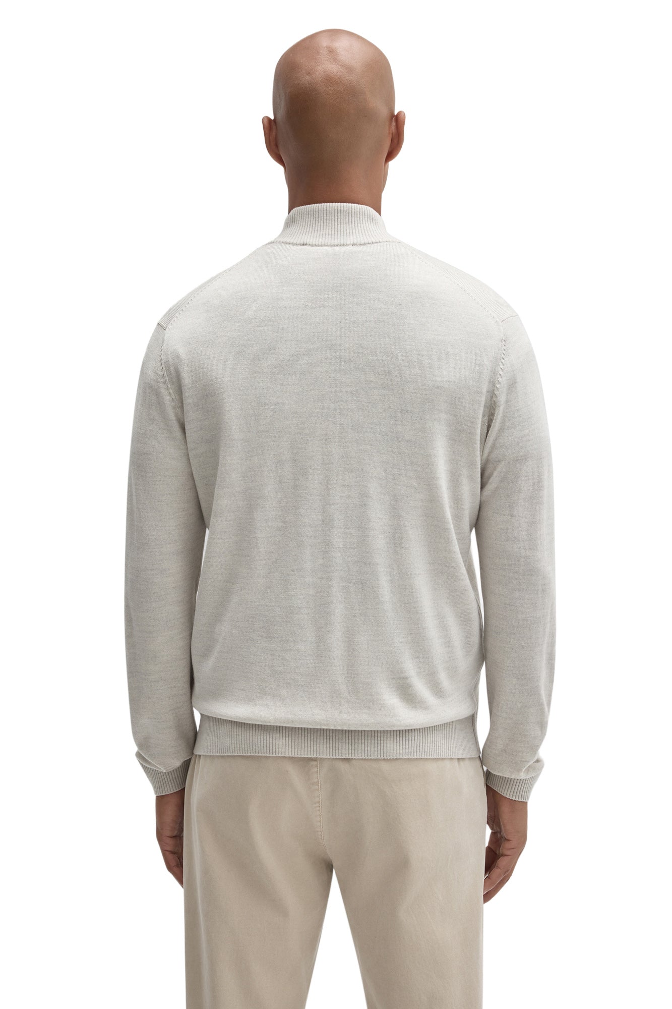 Robert Barakett men's light beige full-zip knit long-sleeve knit sweater with ribbed collar and cuffs, back view