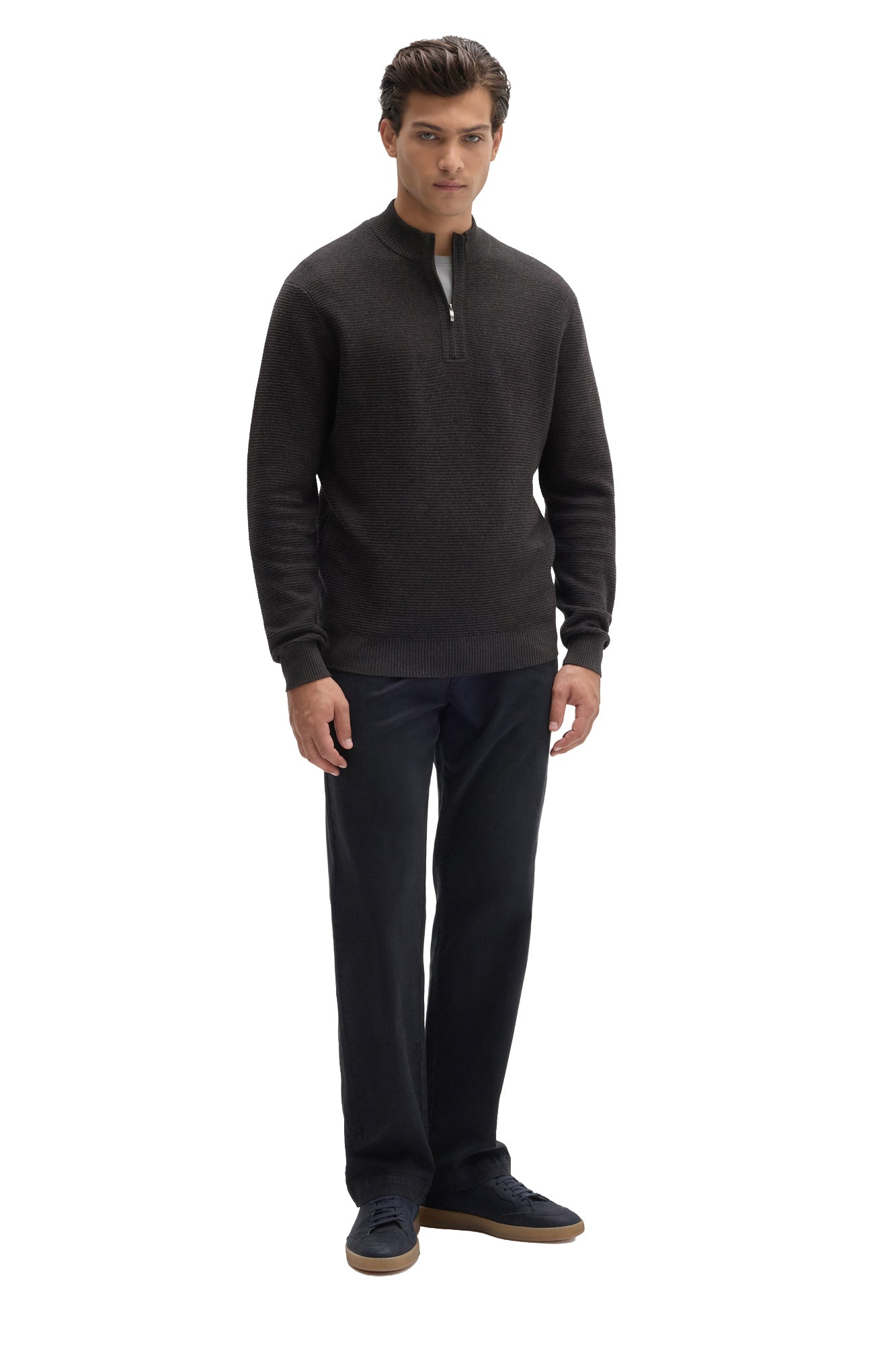 Men's dark charcoal quarter-zip knit long-sleeve sweater, full front view styled with dark pants by Robert Barakett