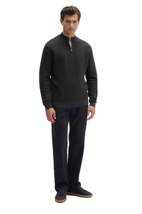 Men's dark charcoal quarter-zip knit long-sleeve sweater, full front view styled with dark pants by Robert Barakett
