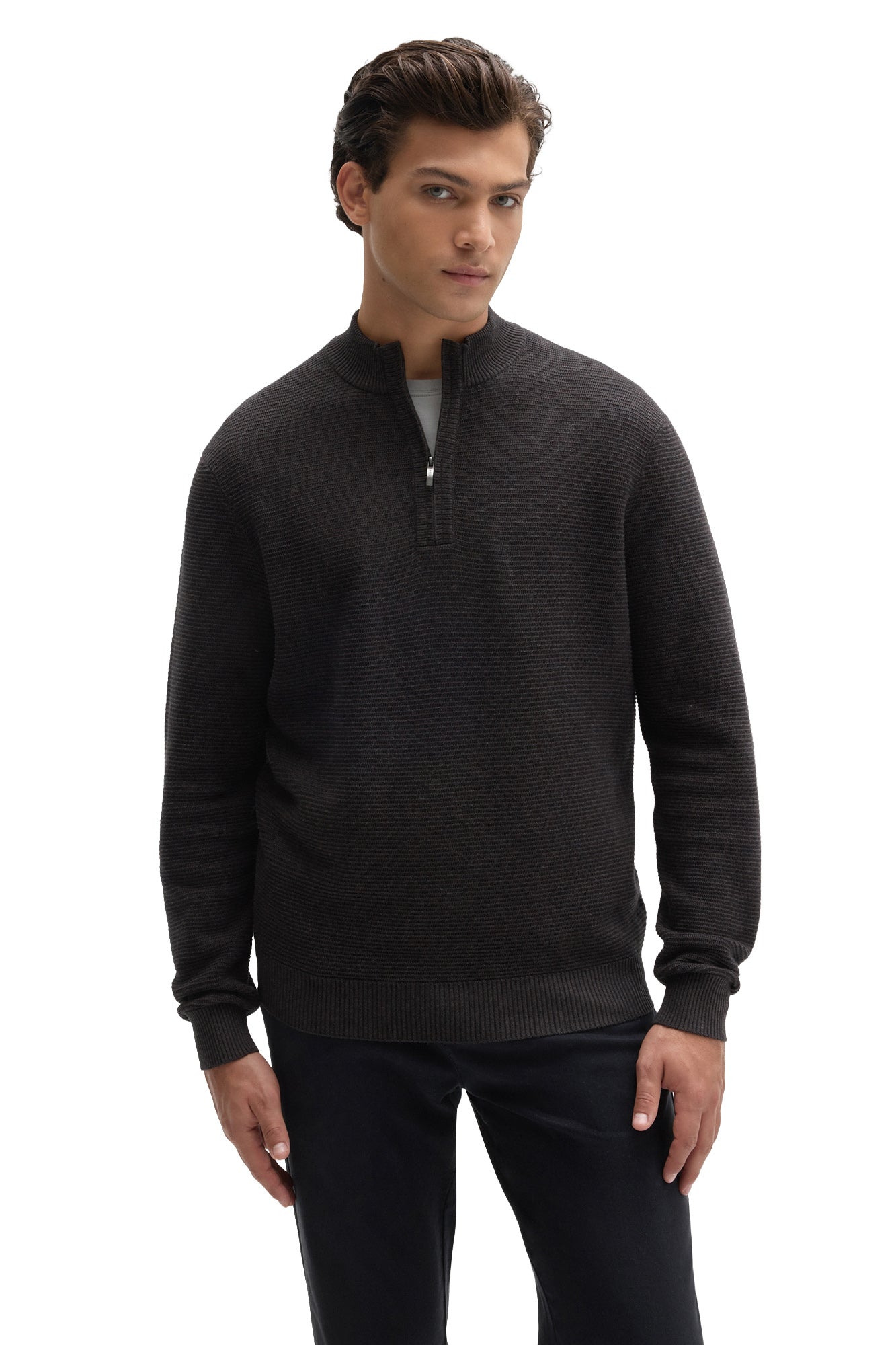Men's dark charcoal quarter-zip knit long-sleeve sweater, front view with ribbed mock neck and hem by Robert Barakett