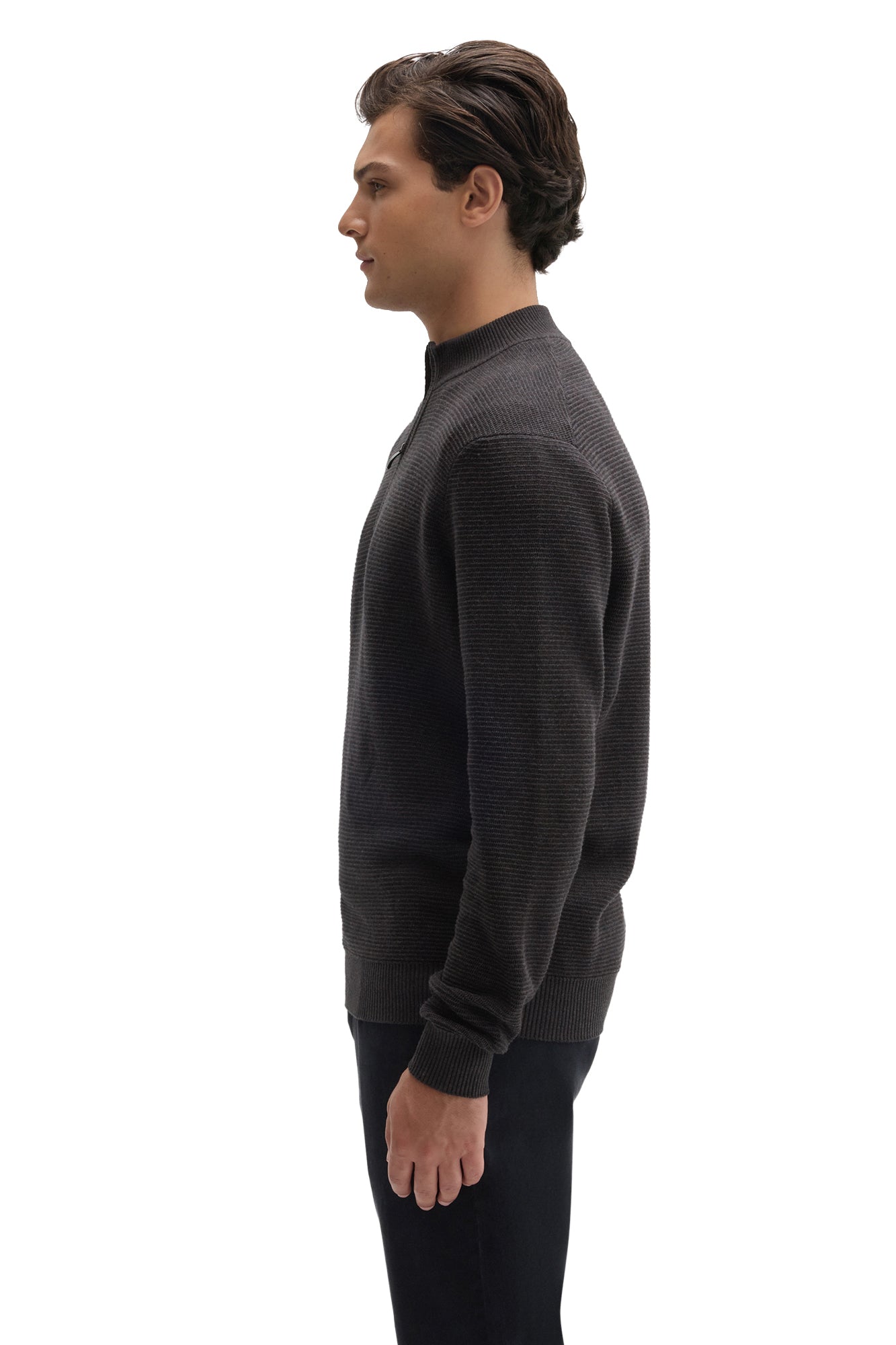 Robert Barakett men's dark charcoal quarter-zip knit long-sleeve sweater, side view showing textured knit and ribbed cuffs