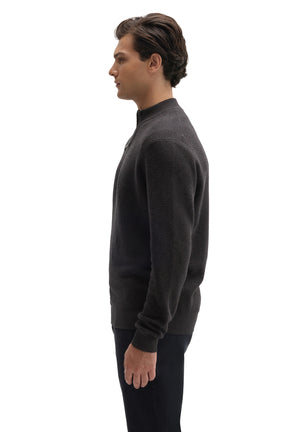 Robert Barakett men's dark charcoal quarter-zip knit long-sleeve sweater, side view showing textured knit and ribbed cuffs