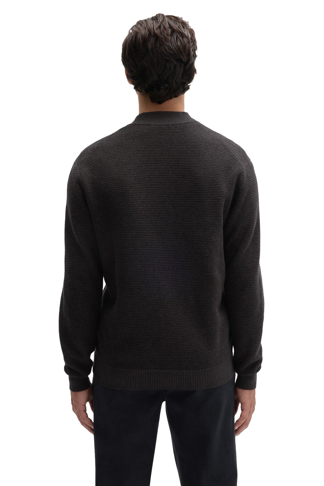 Robert Barakett men's dark charcoal quarter-zip knit long-sleeve sweater, close back view with ribbed hem and cuffs