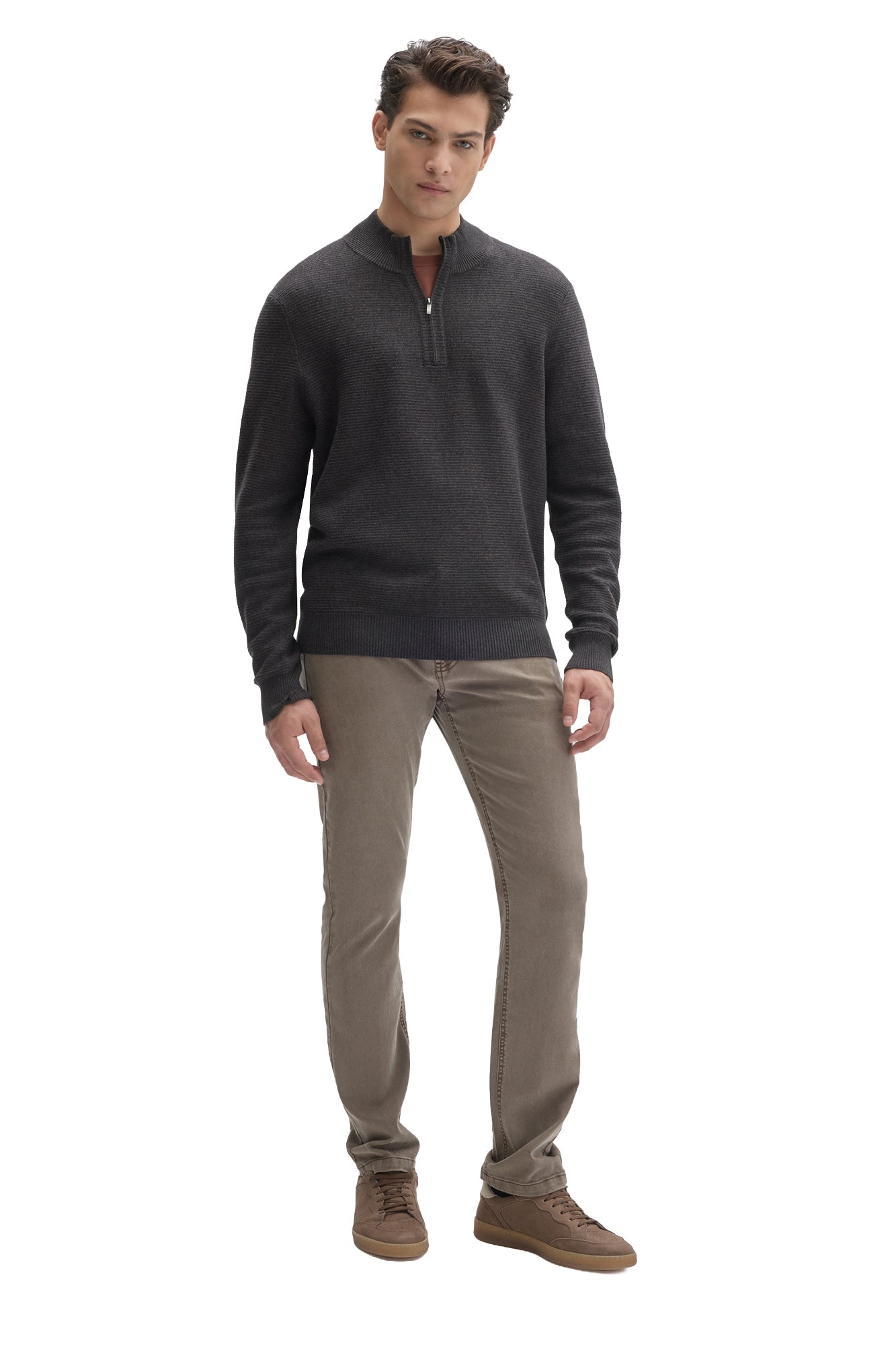 Men's dark charcoal quarter-zip knit long-sleeve sweater, full front view styled with dark pants by Robert Barakett