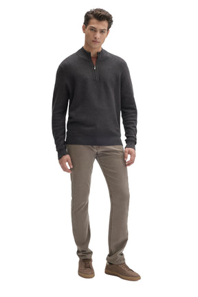 Men's dark charcoal quarter-zip knit long-sleeve sweater, full front view styled with dark pants by Robert Barakett