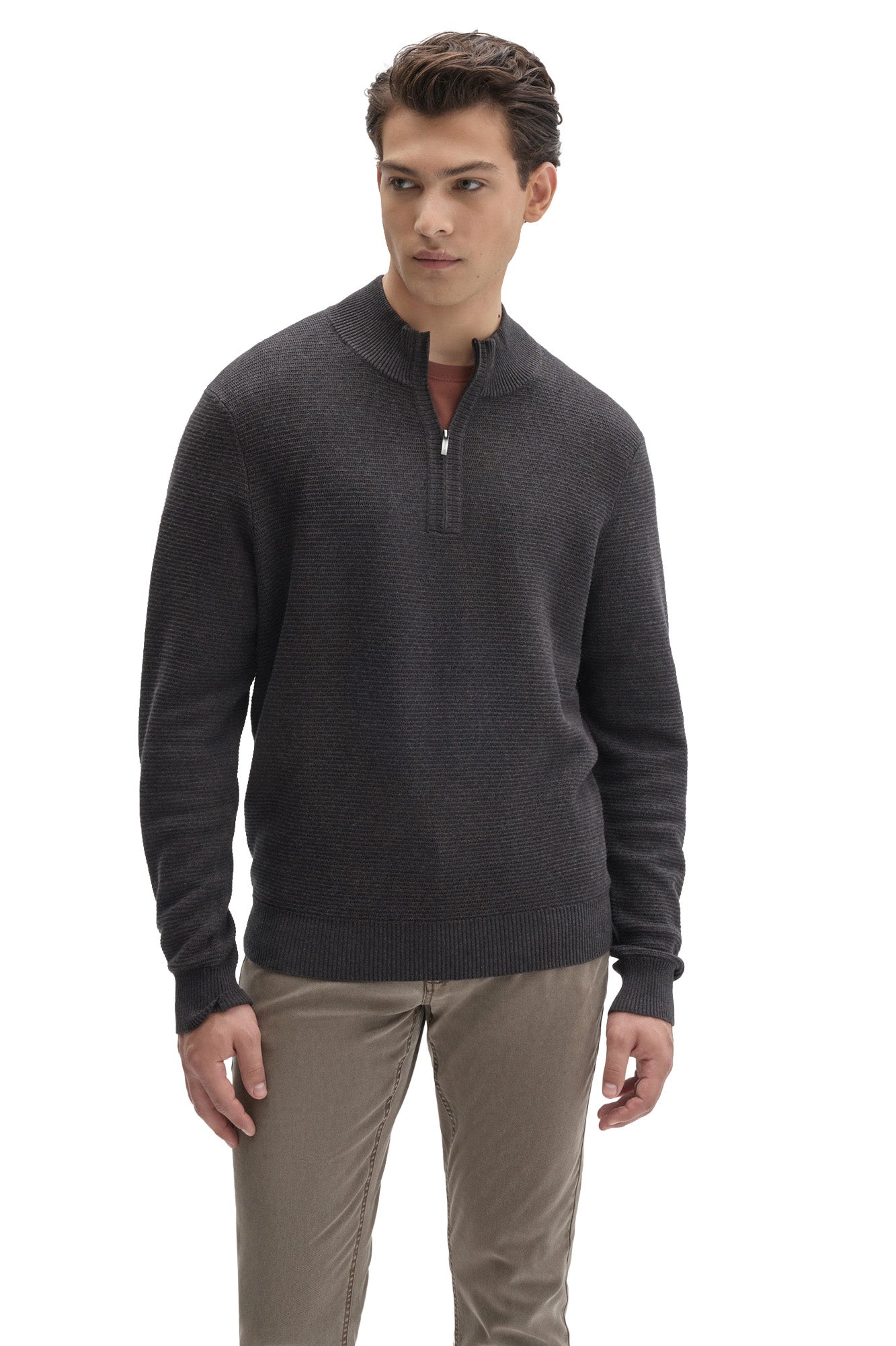 Men's dark charcoal quarter-zip knit long-sleeve sweater, front view with ribbed mock neck and hem by Robert Barakett